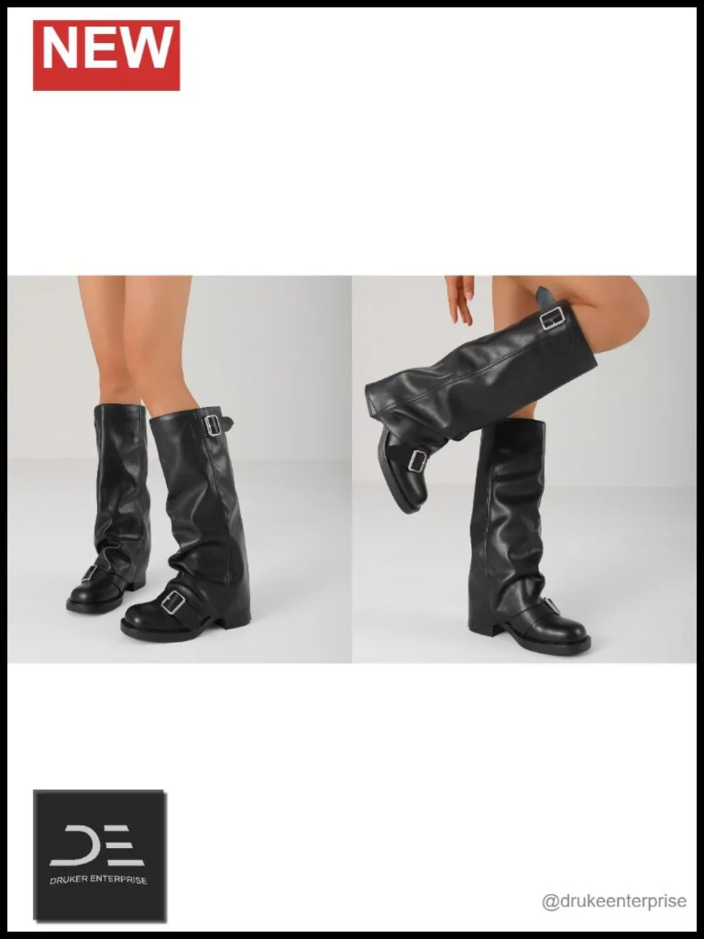 Fold Over Knee High Boots Women Slouchy Chunky Heel Pull On Buckle